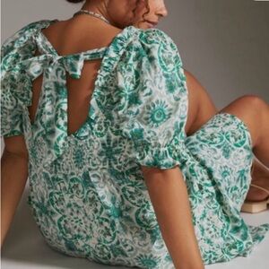 Anthropologie XS puff sleeve smocked dress bow tie in back boho print summer